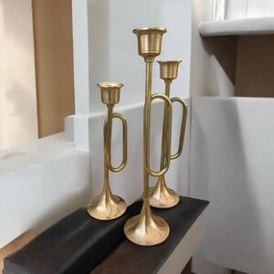 Brass candle holders, set of 3, vintage, bugles, excellent condition